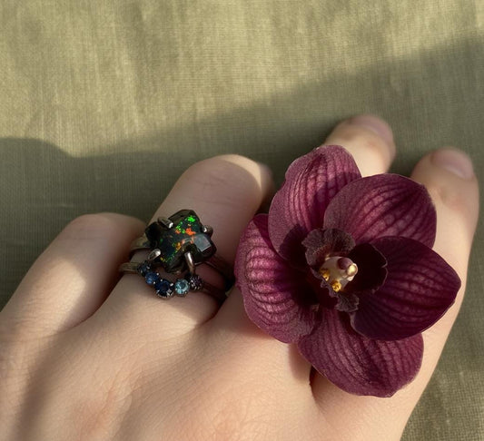 925 Sterling Silver Raw Black Opal Ring Set - Size 7 US