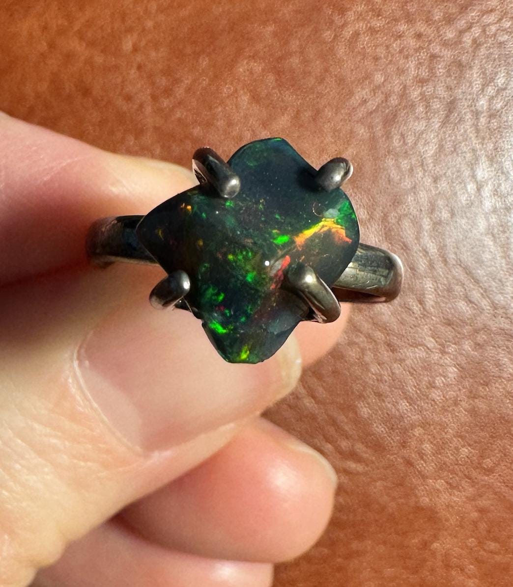 925 Sterling Silver Raw Black Opal Ring Set - Size 7 US