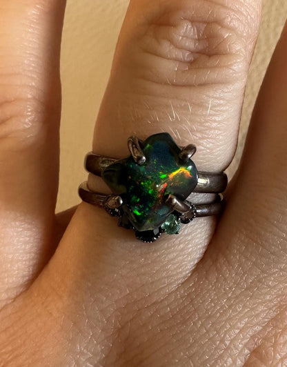 925 Sterling Silver Raw Black Opal Ring Set - Size 7 US