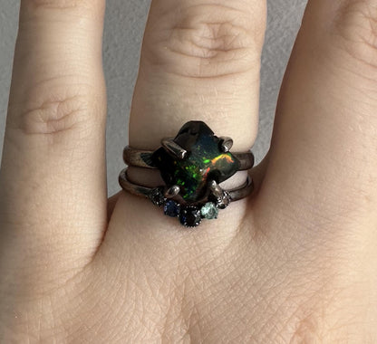 925 Sterling Silver Raw Black Opal Ring Set - Size 7 US