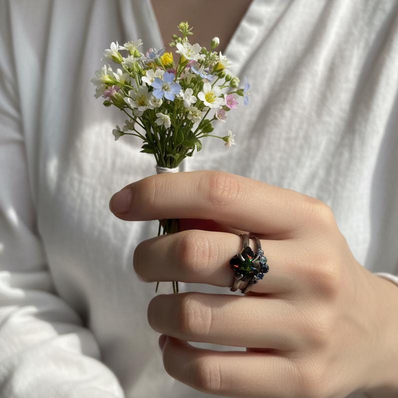 925 Sterling Silver Raw Black Opal Ring Set - Size 7 US