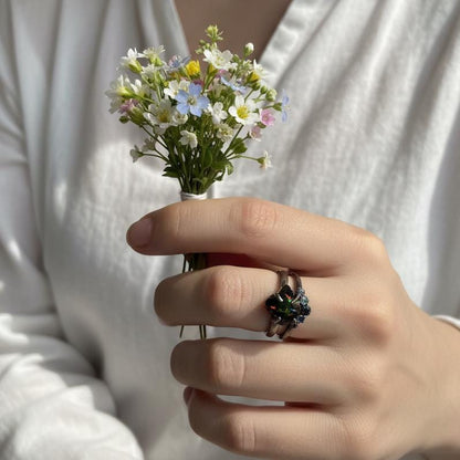 925 Sterling Silver Raw Black Opal Ring Set - Size 7 US