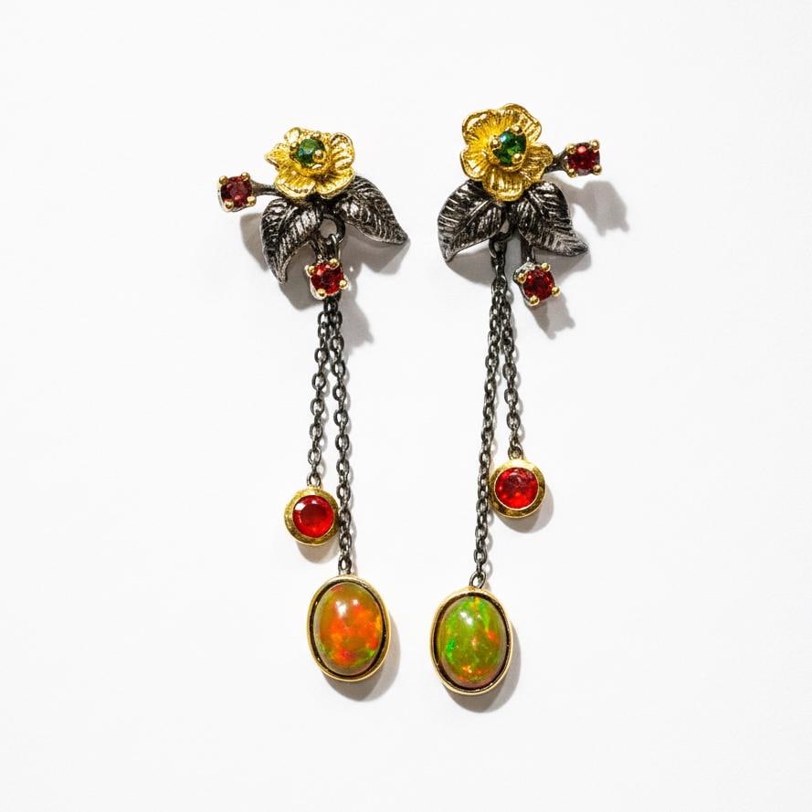 925 Sterling Silver Fire Opal Flower Earrings