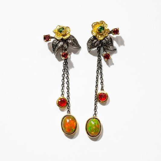 925 Sterling Silver Fire Opal Flower Earrings