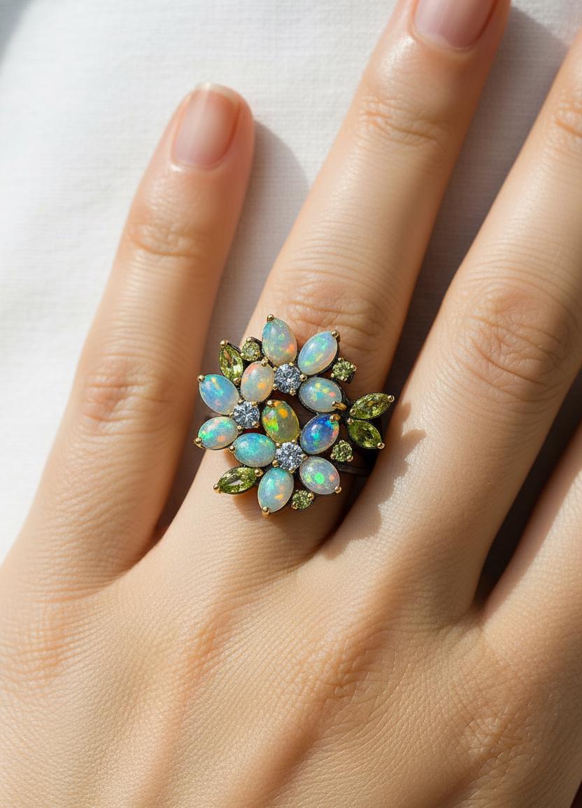 925 Sterling Silver Rainbow Opal Flower Ring