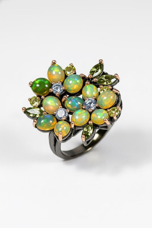 925 Sterling Silver Rainbow Opal Flower Ring
