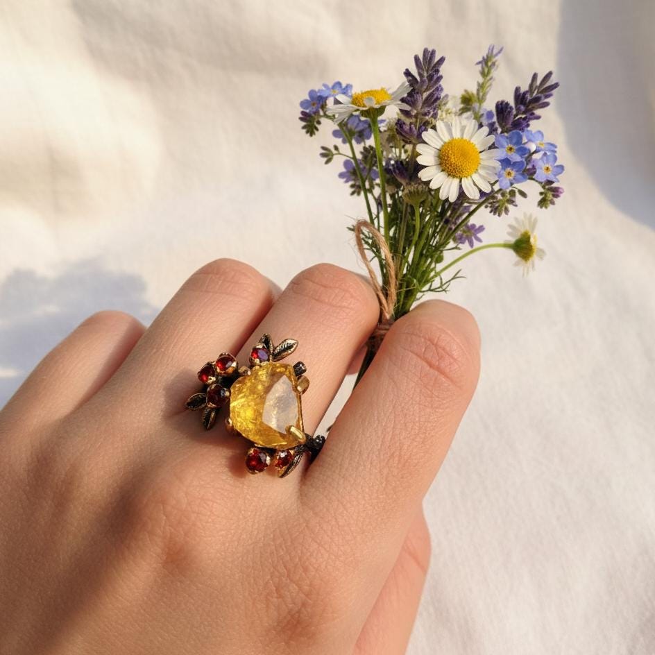 925 Sterling Silver Raw Yellow Citrine Ring