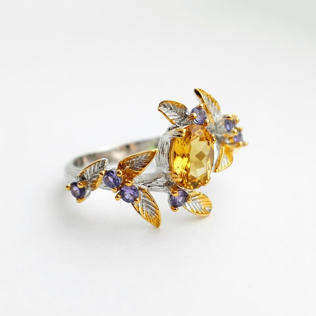 925 Sterling Silver Citrine Branch Ring
