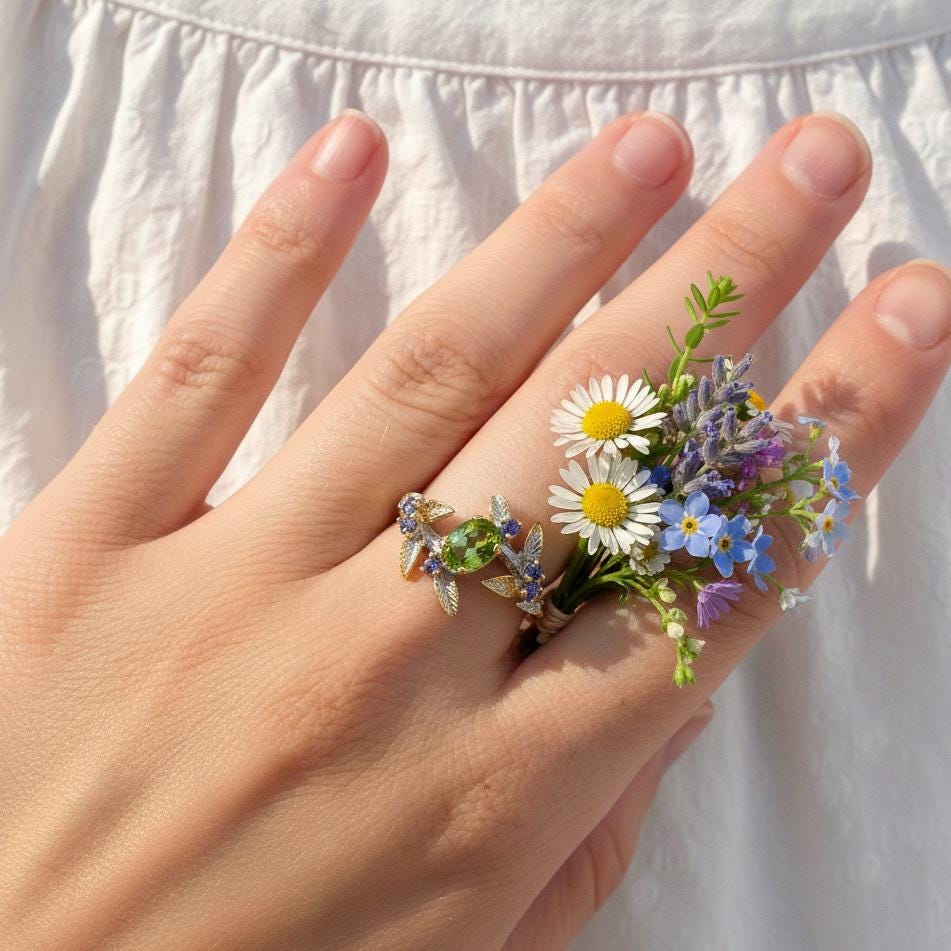 925 Sterling Silver Green Peridot Leaf Ring