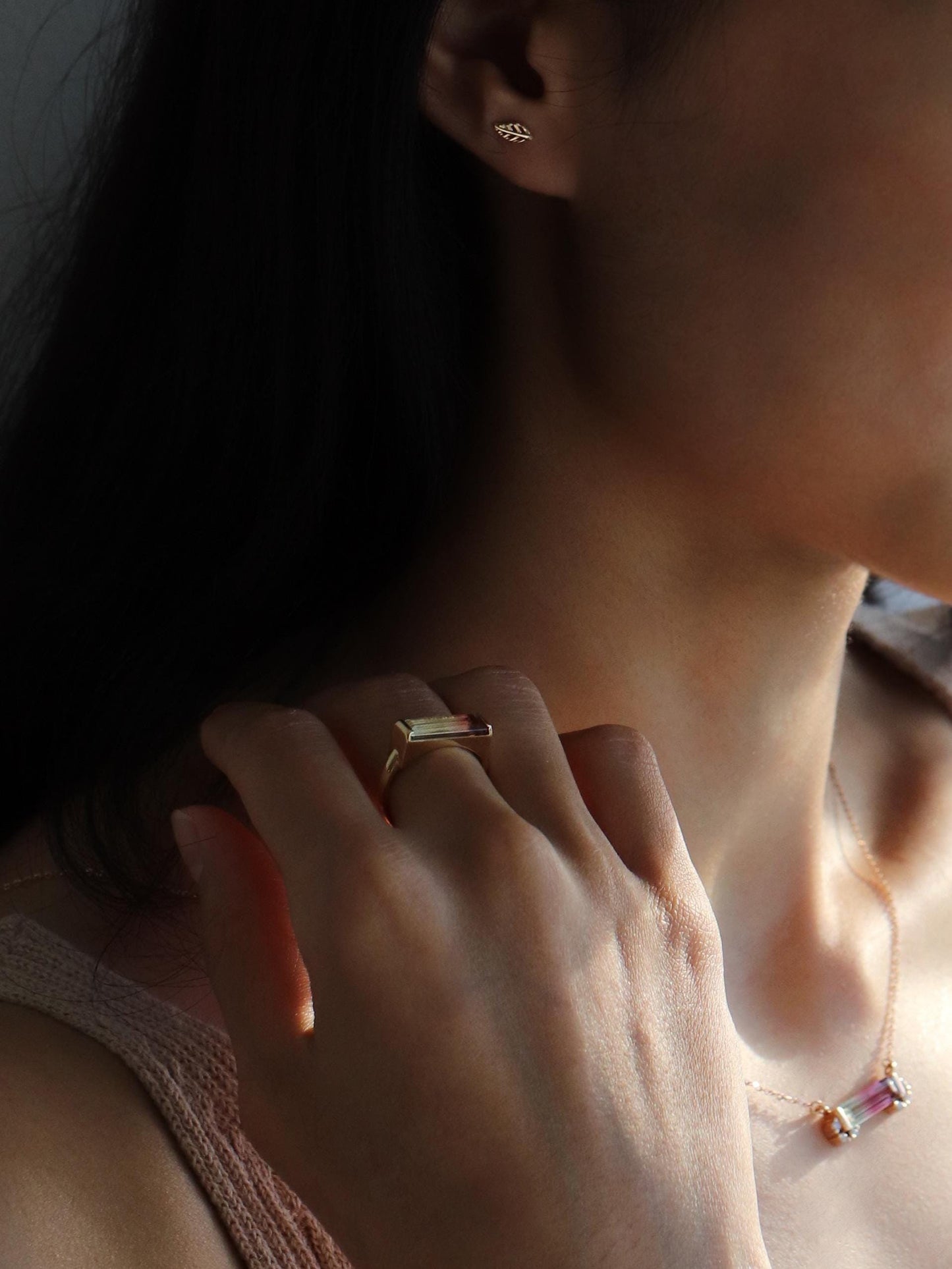 14K Solid Gold Long Bar Bi-Color Tourmaline Ring