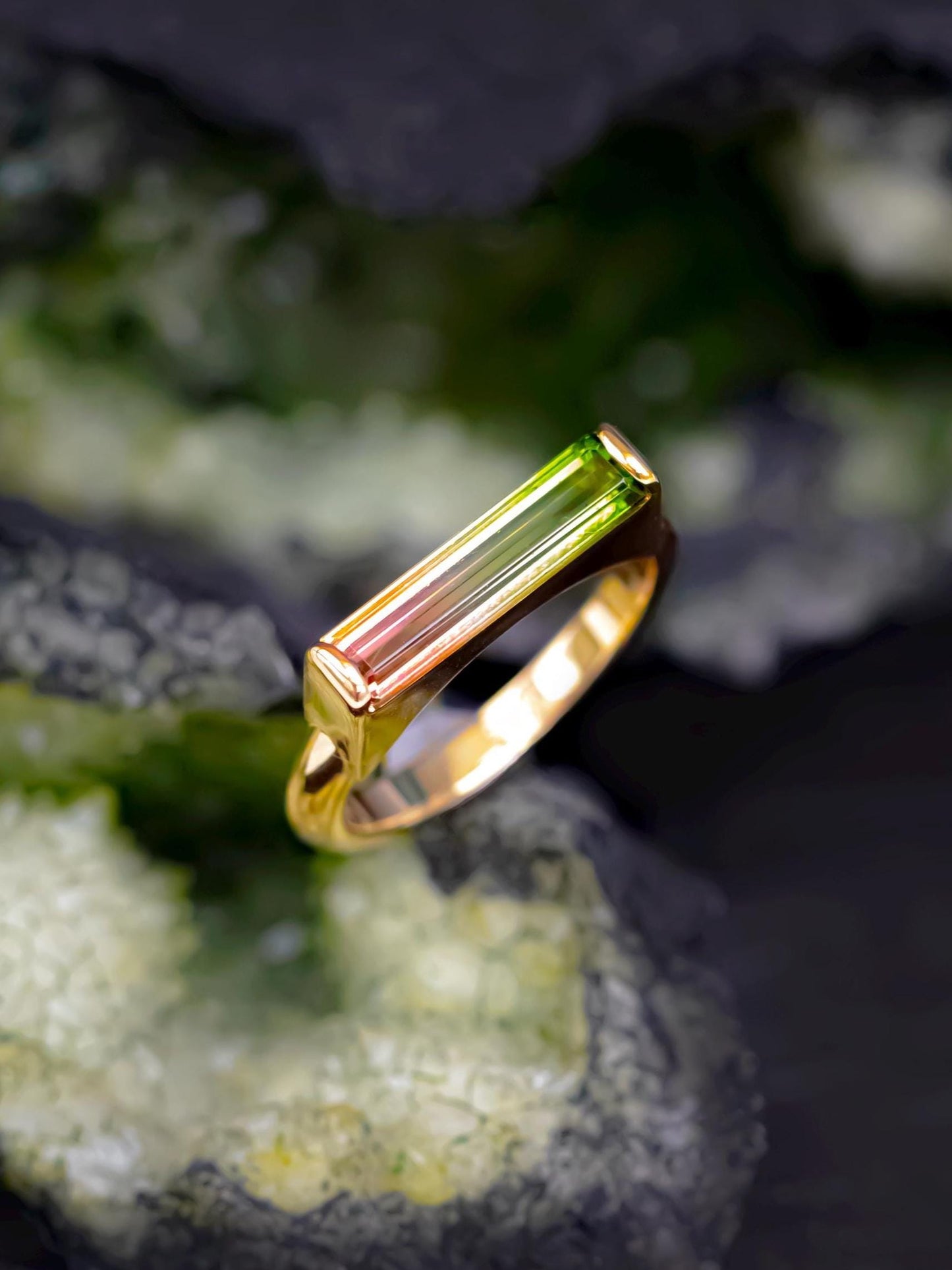 14K Solid Gold Long Bar Bi-Color Tourmaline Ring