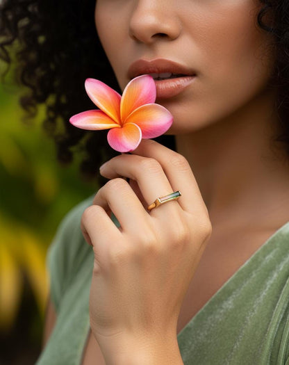 14K Solid Gold Long Bar Bi-Color Tourmaline Ring