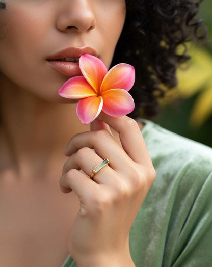 14K Solid Gold Long Bar Bi-Color Tourmaline Ring