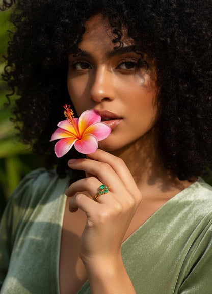 18K Solid Gold Emerald Engagement Ring Set