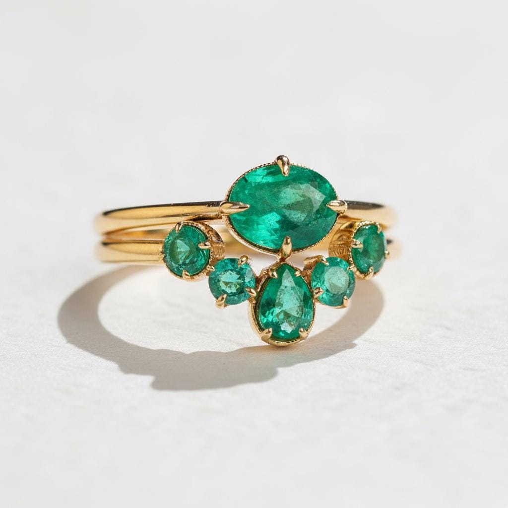 18K Solid Gold Emerald Engagement Ring Set