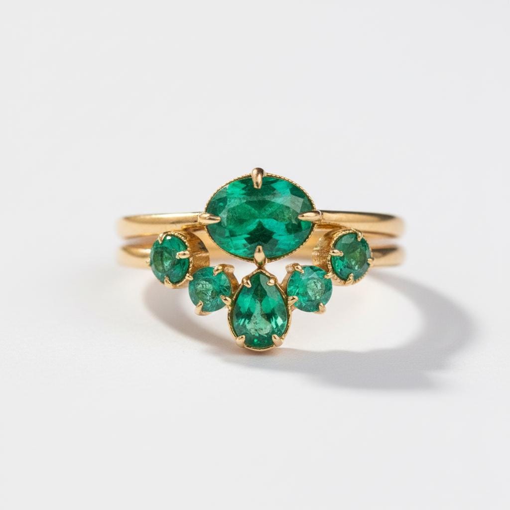 18K Solid Gold Emerald Engagement Ring Set