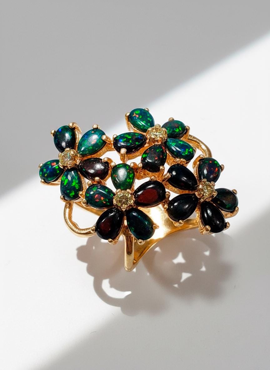 925 Sterling Silver Black Opal Floral Ring