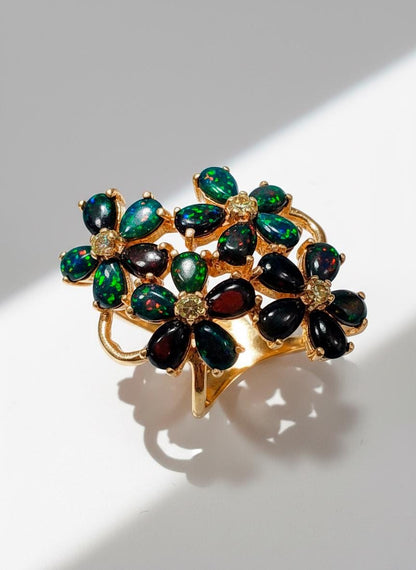 925 Sterling Silver Black Opal Floral Ring