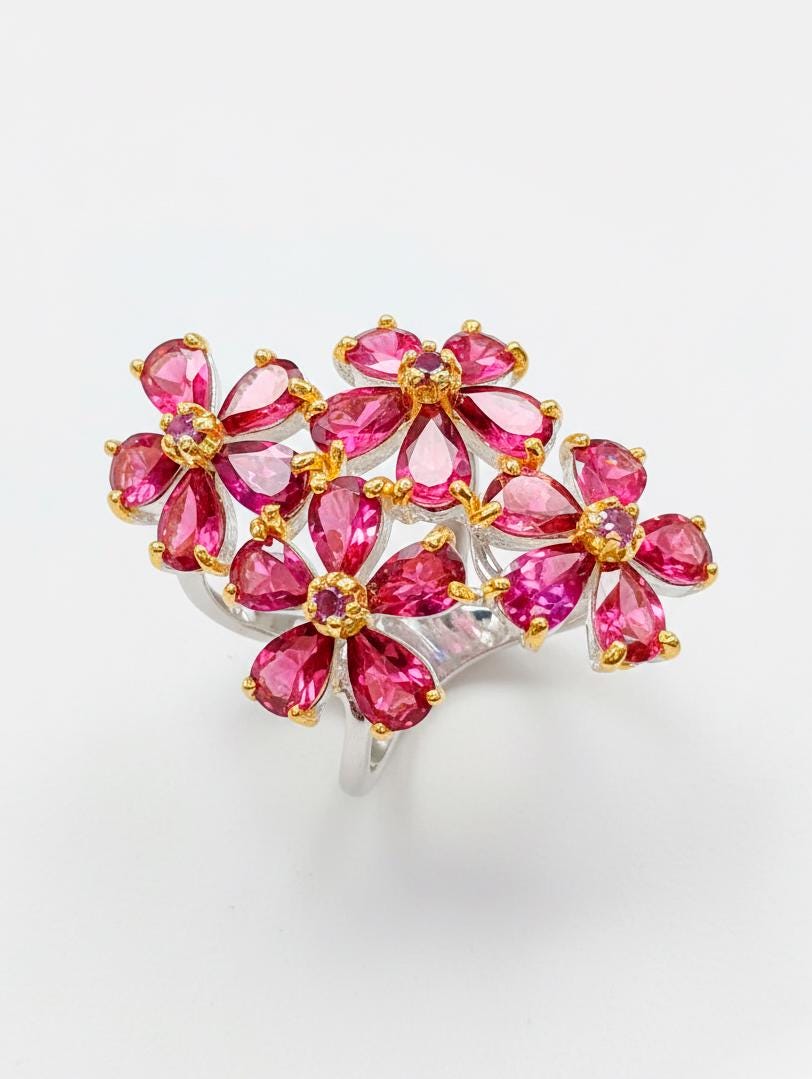925 Sterling Silver Pink Rhodolite Flower Ring