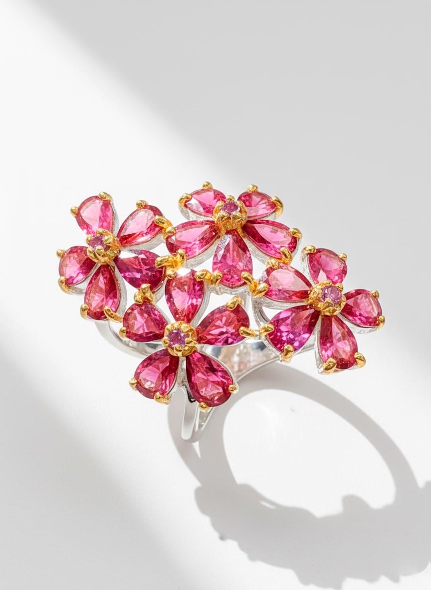 925 Sterling Silver Pink Rhodolite Flower Ring