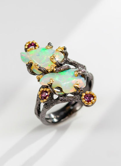 925 Sterling Silver Raw Fire Opal Branch Ring