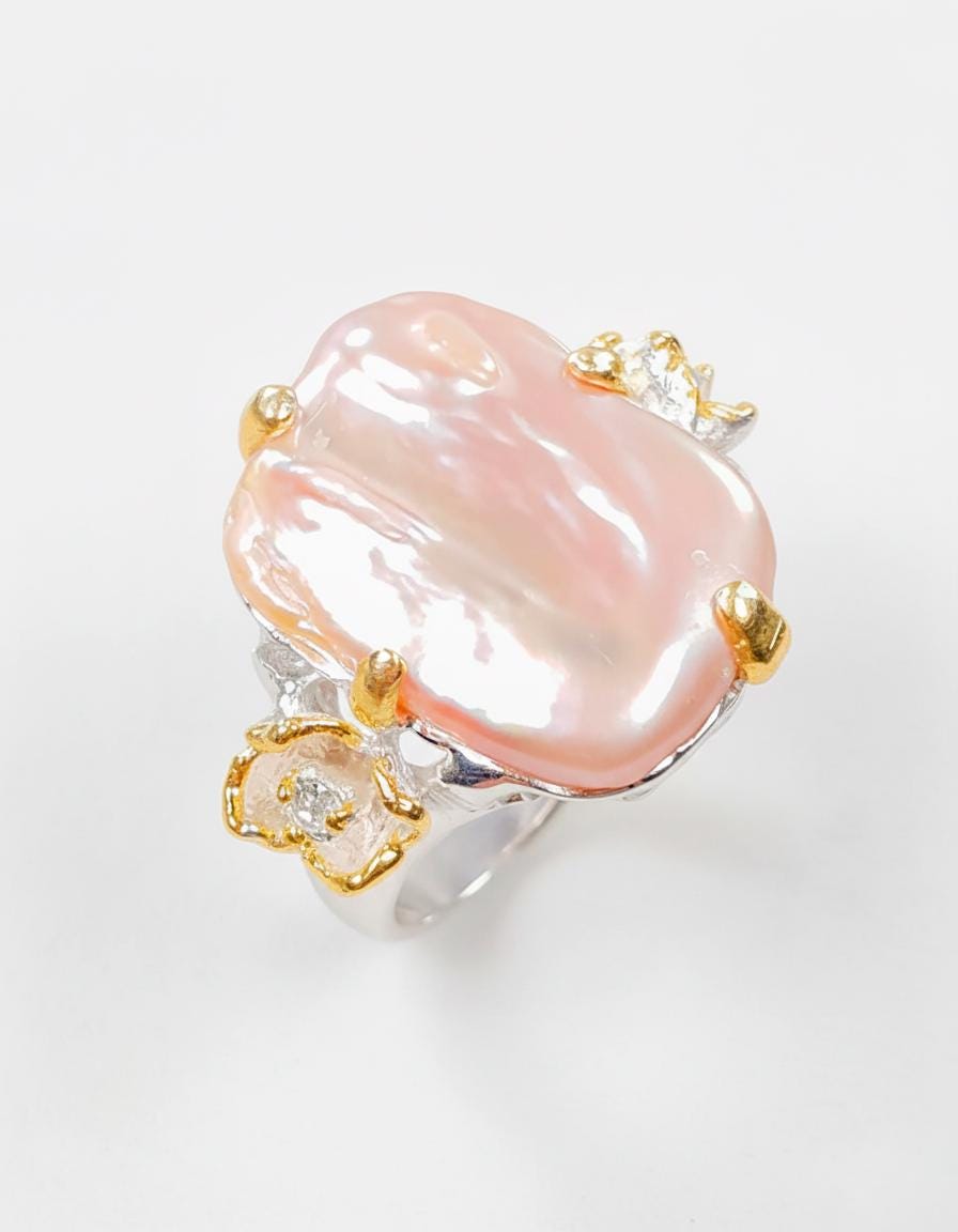 925 Sterling Silver Baroque Pearl Ring, worn on hand, image 14