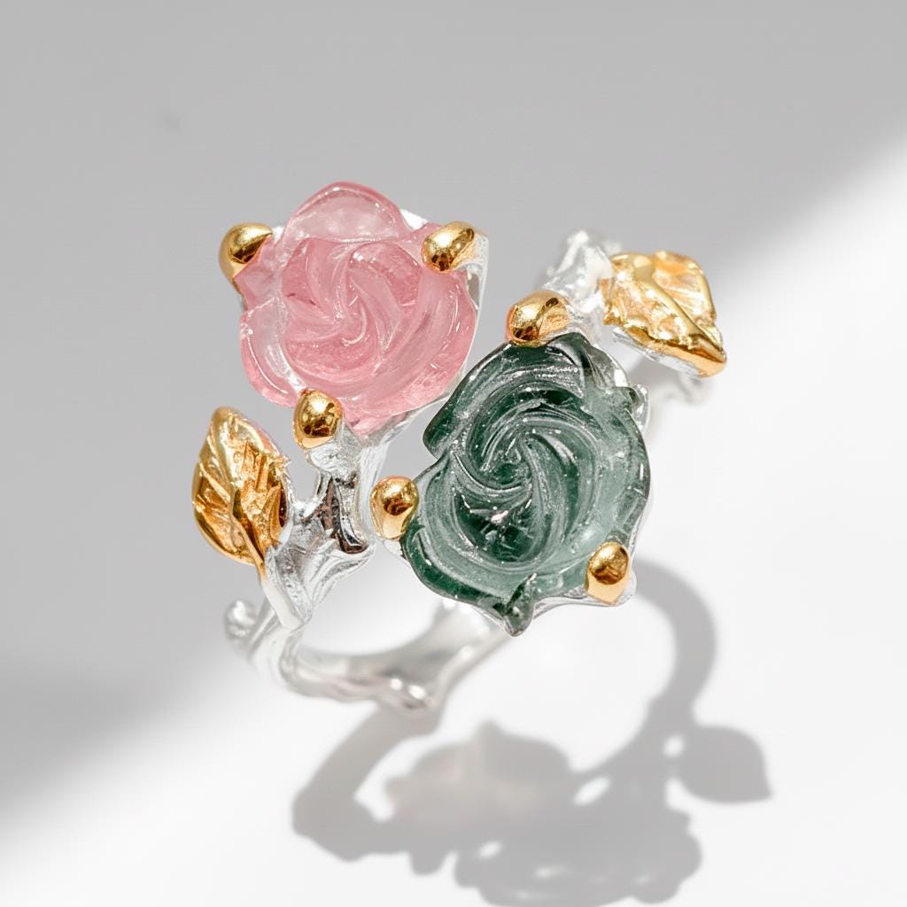 925 Sterling Silver Pink Green Tourmaline Ring, additional angle