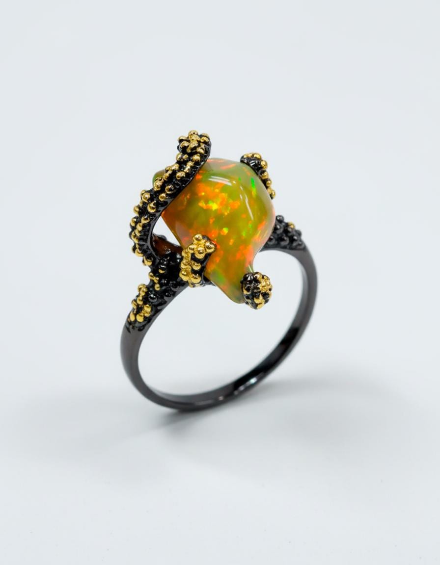 925 Sterling Silver Raw Fire Opal Octopus Ring