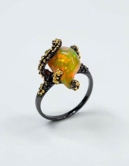 925 Sterling Silver Raw Fire Opal Octopus Ring