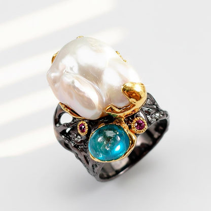 925 Sterling Silver Baroque Pearl Chunky Ring