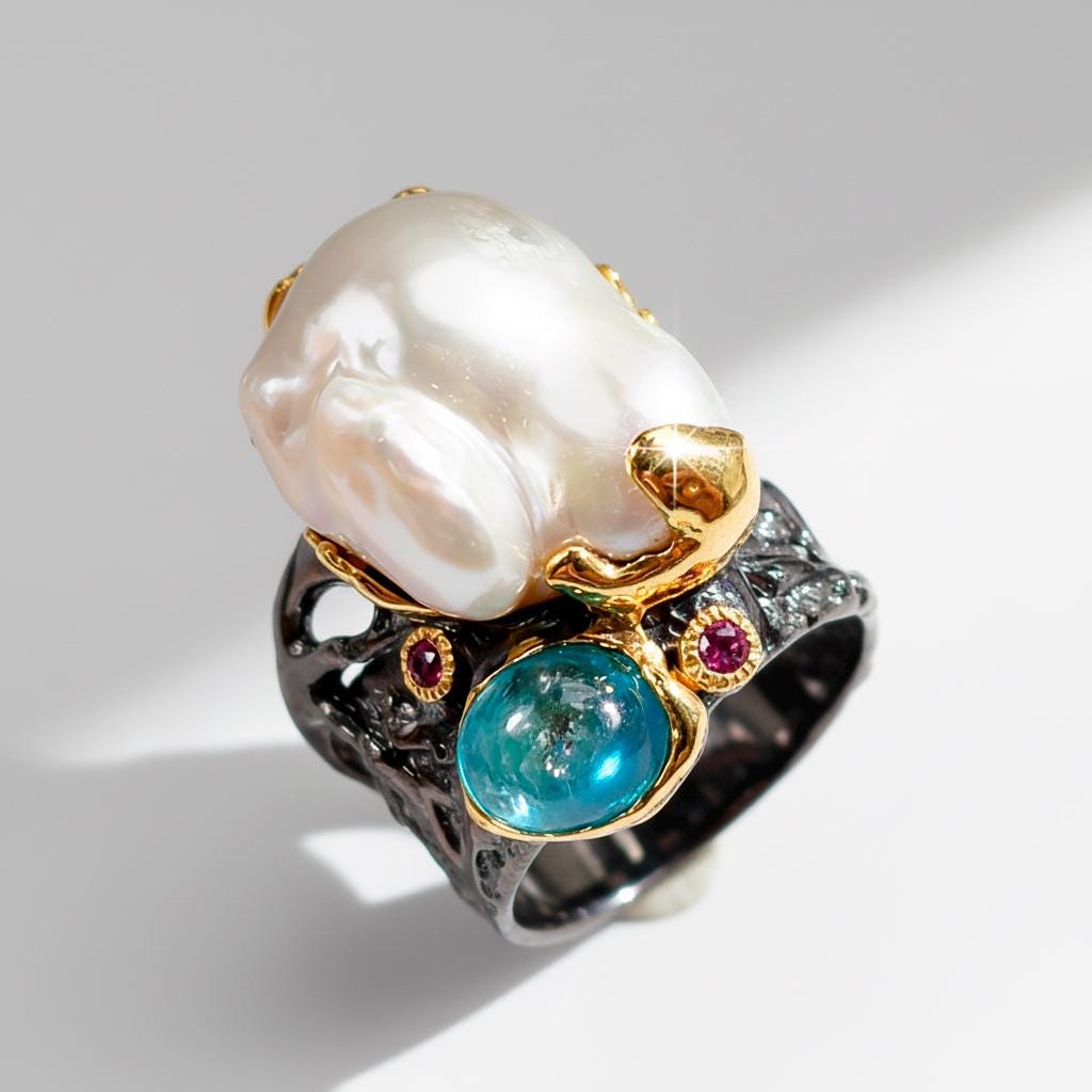 925 Sterling Silver Baroque Pearl Chunky Ring