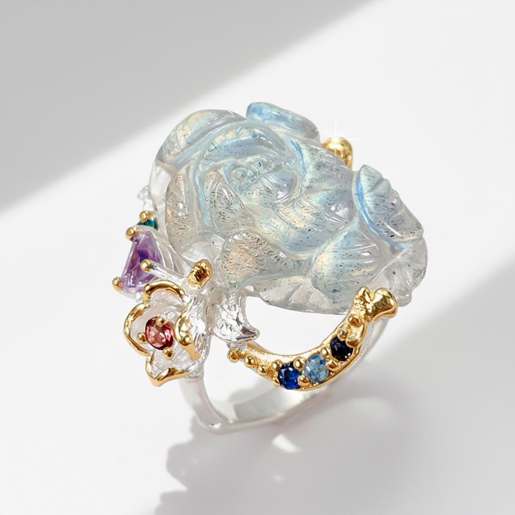 925 Sterling Silver Labradorite Flower Ring