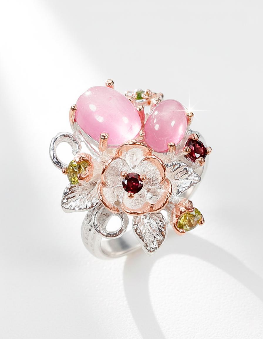 925 Sterling Silver Pink Ruby Flower Fantasy Ring