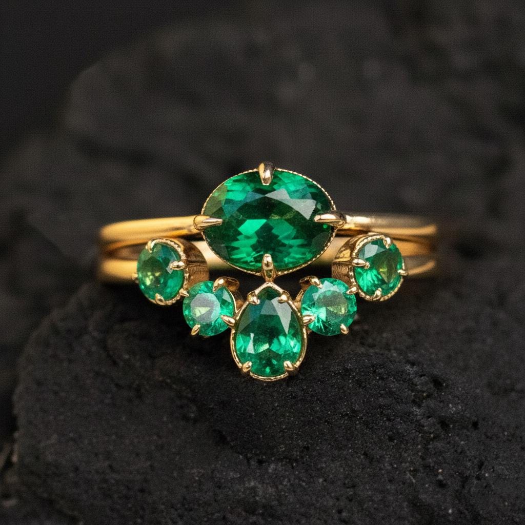 18K Solid Gold Emerald Engagement Ring Set