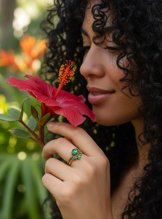 18K Solid Gold Emerald Engagement Ring Set