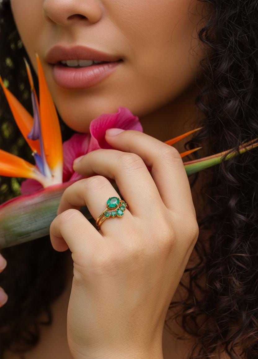 18K Solid Gold Emerald Engagement Ring Set