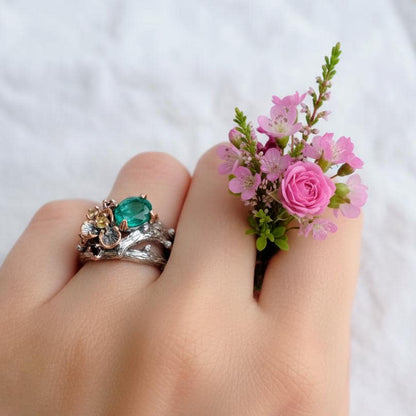 925 Sterling Silver Emerald Nature Ring