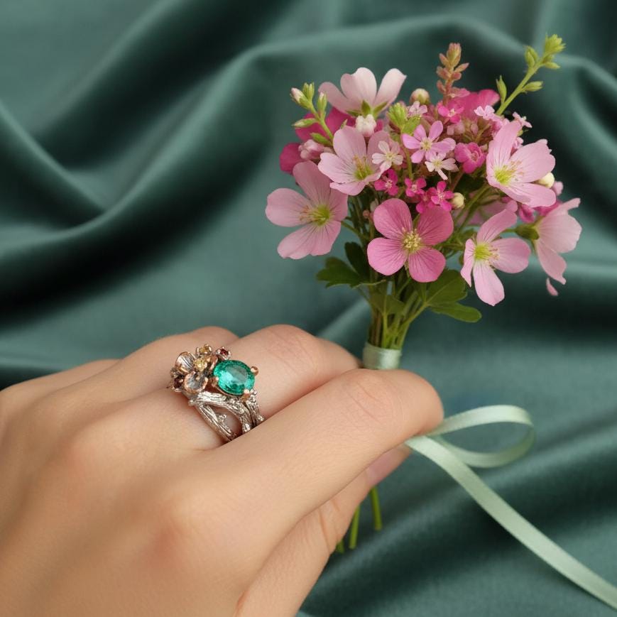925 Sterling Silver Emerald Nature Ring