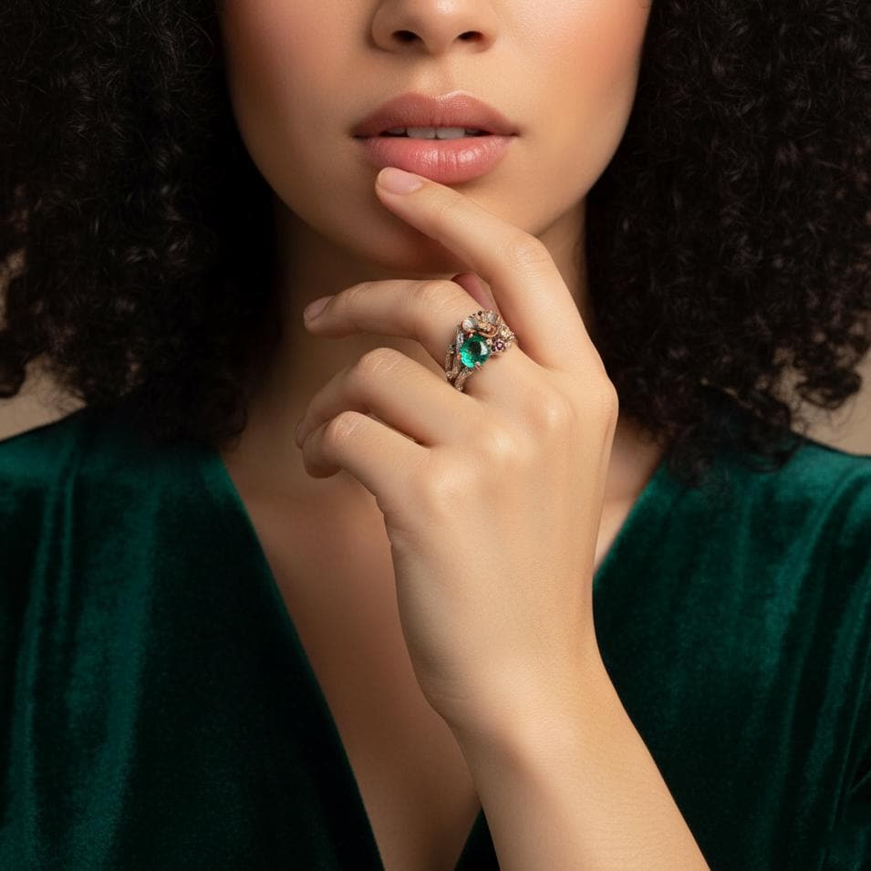 925 Sterling Silver Emerald Nature Ring