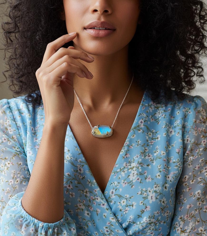 925 Sterling Silver Moonstone Rainbow Necklace