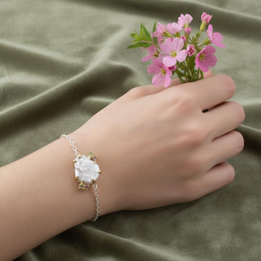 925 Sterling Silver Raw Baroque Pearl Bracelet