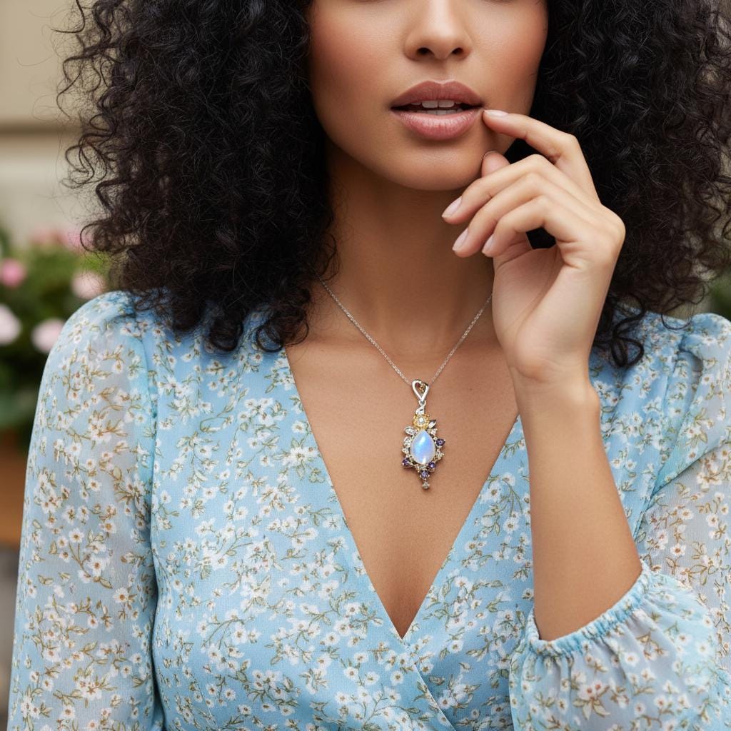 925 Sterling Silver Moonstone Floral Pendant