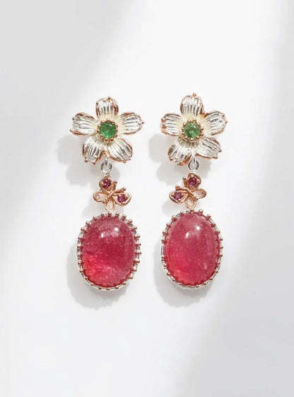 925 Sterling Silver Ruby Flower Earrings