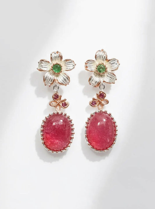 925 Sterling Silver Ruby Flower Earrings
