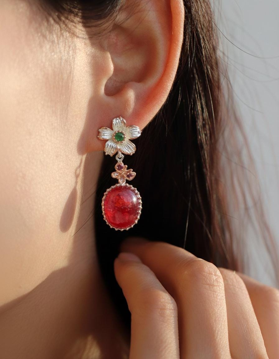 925 Sterling Silver Ruby Flower Earrings