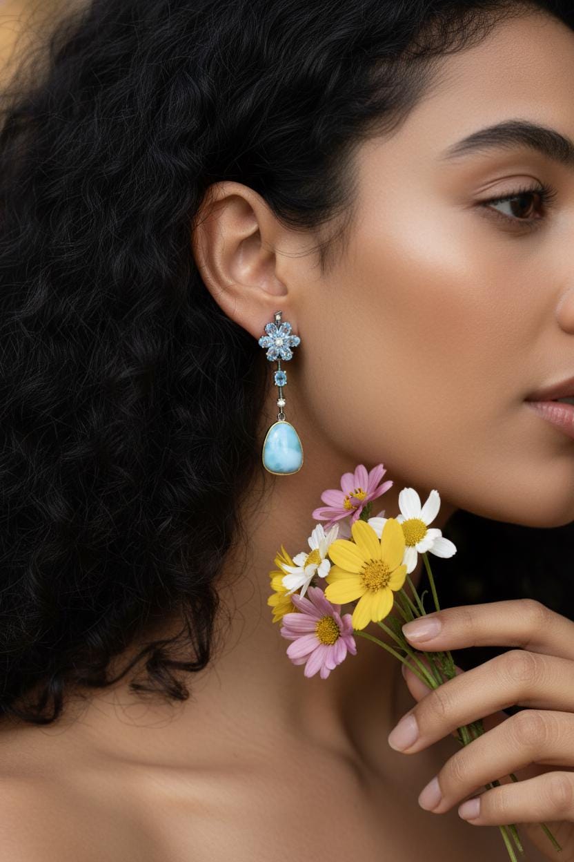 925 Sterling Silver Larimar Blue Flower Earrings
