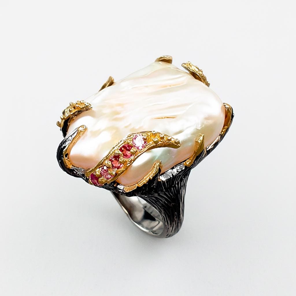 925 Sterling Silver Freshwater Pearl Ring, texture close-up
