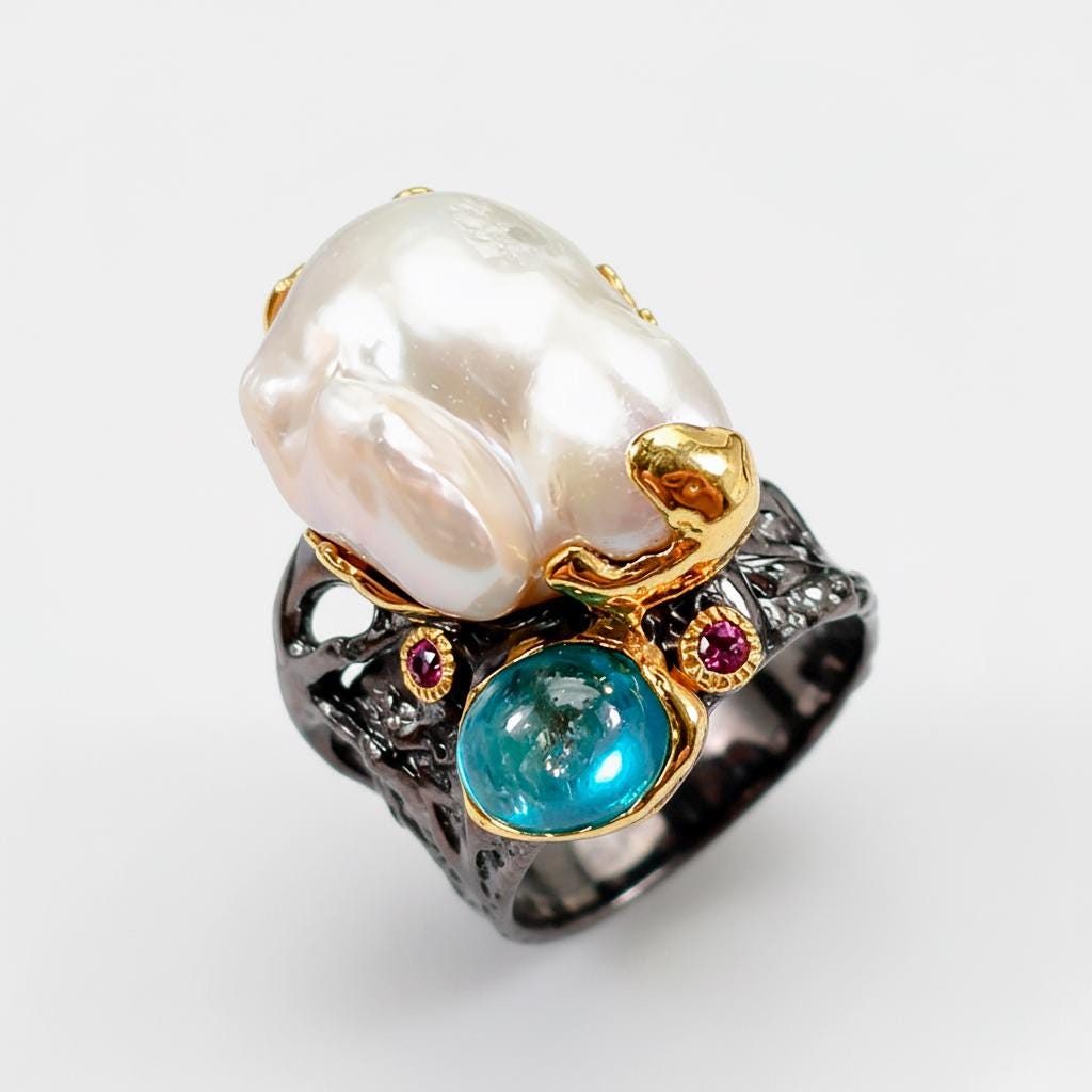 925 Sterling Silver Baroque Pearl Chunky Ring