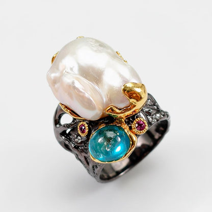 925 Sterling Silver Baroque Pearl Chunky Ring