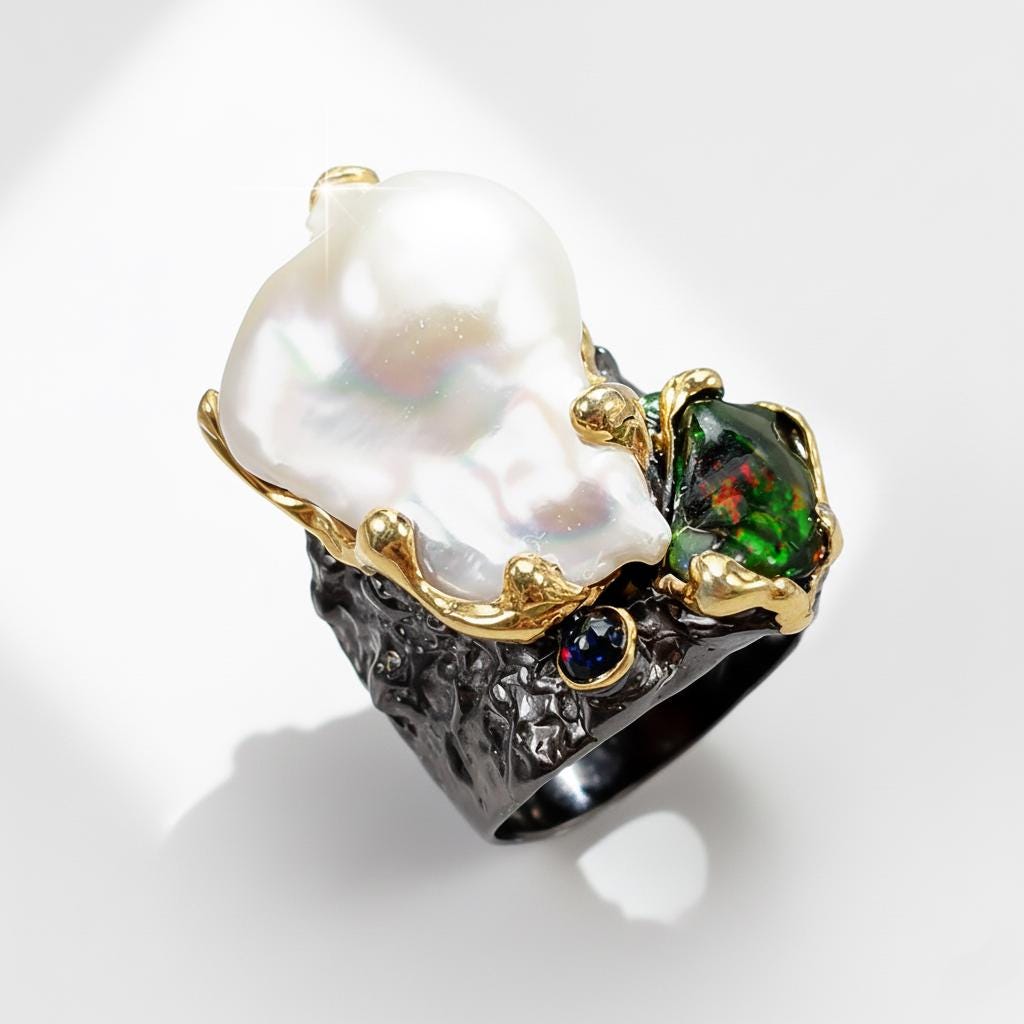 925 Sterling Silver Baroque Pearl Wide Band Ring